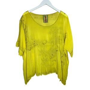 Johnny Was Yellow Rayon Crupa Oversized Boho Scallop Eyelet Top Blouse Large